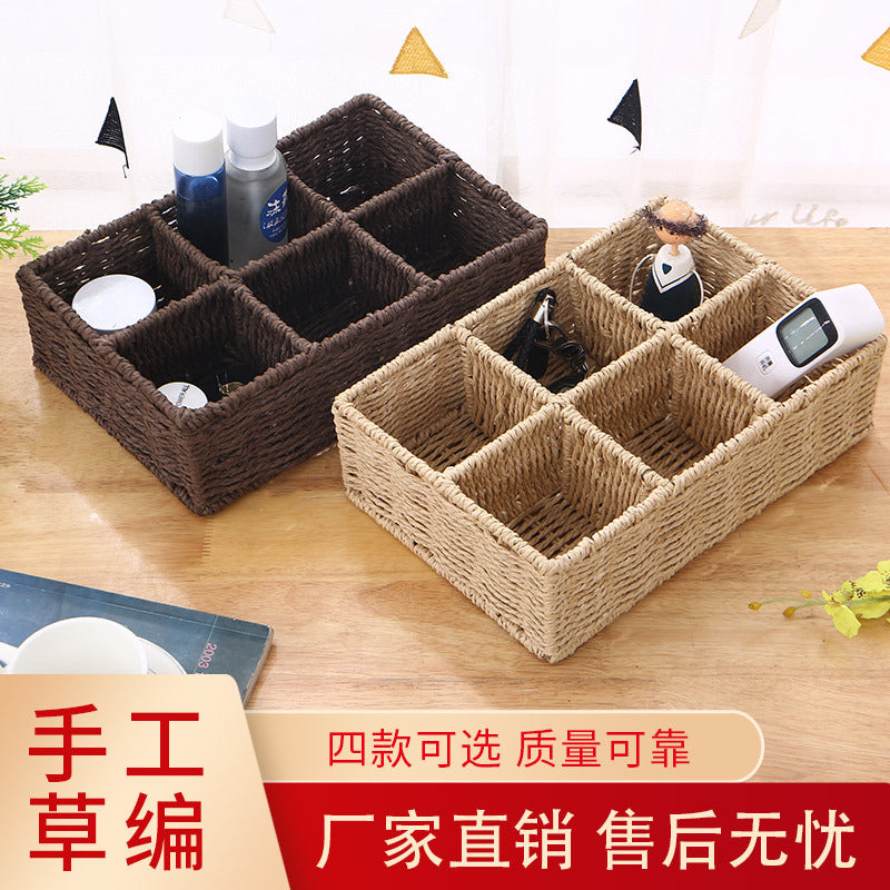 Multi-Compartment Woven Desktop Organizer Basket for Cosmetics and Remotes