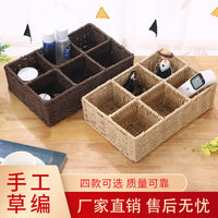 Multi-Compartment Woven Desktop Organizer Basket for Cosmetics and Remotes