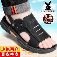 Men's Leather Casual Beach Sandals with Thick Sole and Non-slip Design, Two-way Wear