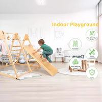 Kids Indoor Wooden Climbing Frame with Slide & Swing, Foldable Pine Wood Activity Center