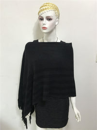 Women's Faux Cashmere Striped Tassel Poncho Sweater