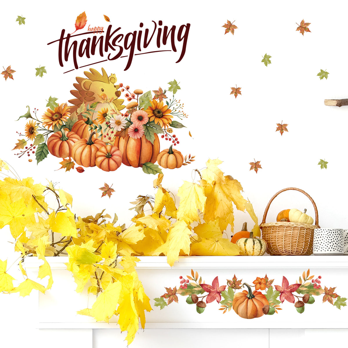 Thanksgiving Autumn Leaves Pumpkin Window Wall Decal