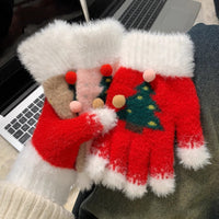 Snowflake Christmas Tree Fingerless Gloves for Women and Kids, Touchscreen Compatible, Plush Lined, Thick Warm for Winter Cycling