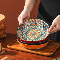 Bohemian Style Underglaze Ceramic Deep Plate for Dining, 8-inch, High Temperature Resistant