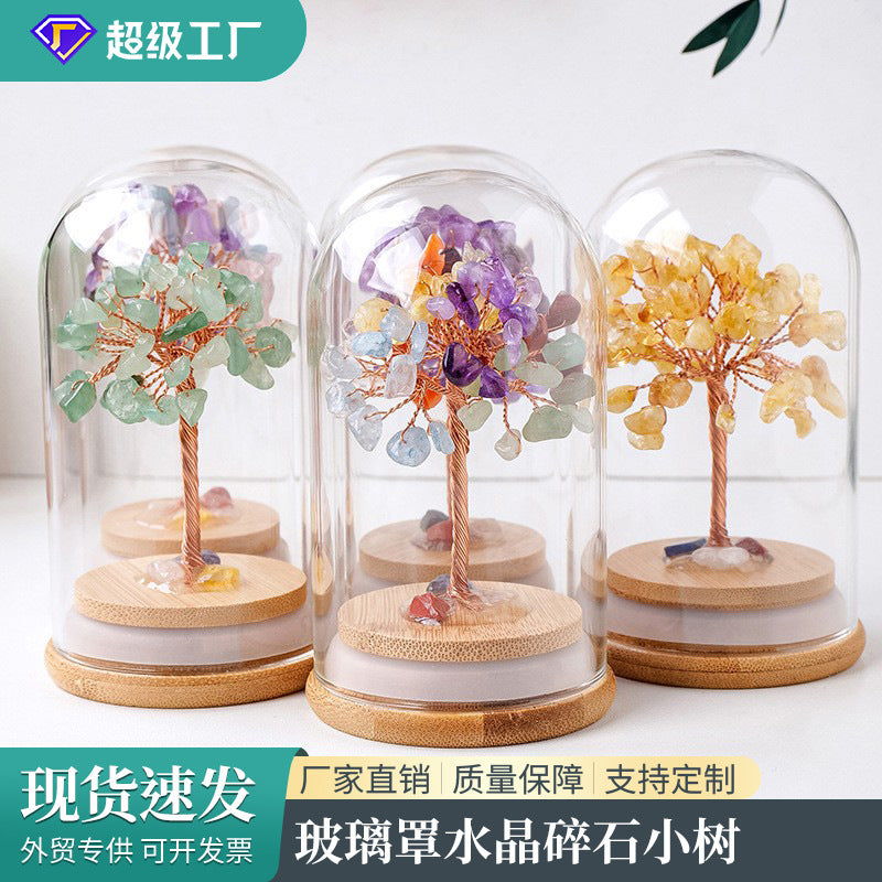 Natural Crystal Gemstone Money Tree with Glass Dome Micro Landscape Ornament