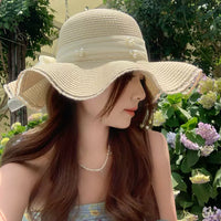 Lace Pearl Bowknot Wide Brim Straw Hat for Women, Summer Beach Vacation Sun Protection