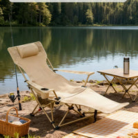 Outdoor Reclining Beach Chair with Armrests and Leg Rest, 4-Position Adjustable Folding Camping Lounge Chair for Office Nap