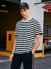 Unisex Color Block Stripe Sailor T-Shirt Pure Cotton Short Sleeve Round Neck Loose Top