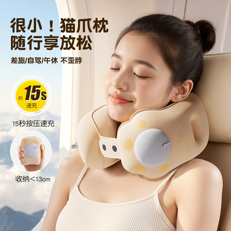 Inflatable U-Shaped Travel Pillow with Press-Type Inflation, Portable and Adjustable Neck Support for Office and Travel