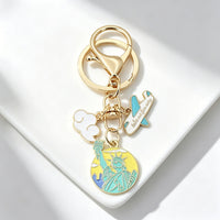 World Landmark Keychain with Metal Ring, Travel Theme Airplane Cloud Charm, Creative Souvenir Gift