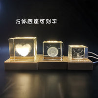 Crystal Cube Wooden Base Craft Ornament LED Luminous Solid Wood Lamp Holder Warm Color Light