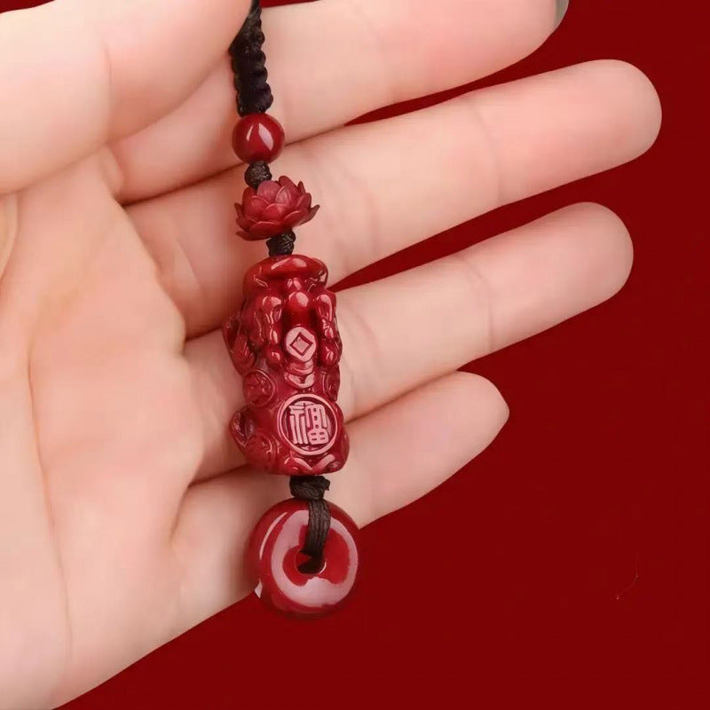 Pixiu Lotus Peace Keychain Natural Cinnabar Red Sand Pendant