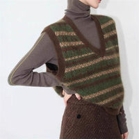 Vintage Striped V-Neck Knitted Vest for Women, Sleeveless Sweater Tank Top