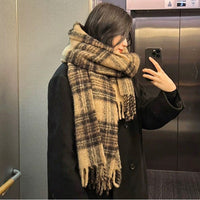 Women's Houndstooth Plaid Scarf, Thickened Warm Korean Style for Autumn/Winter