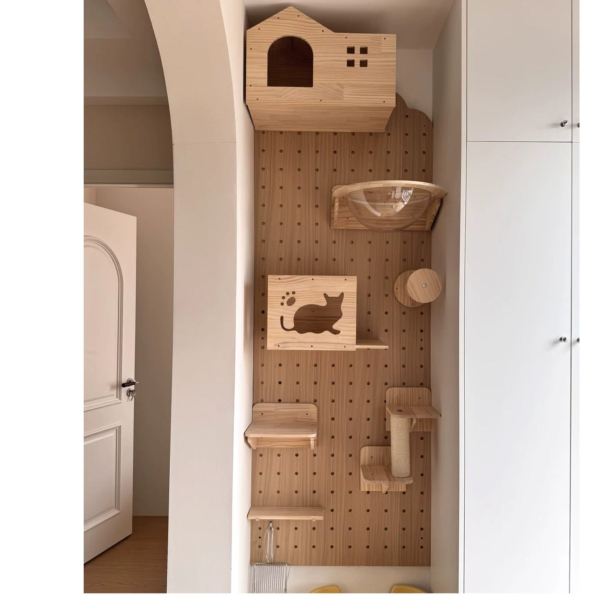 Wall-Mounted Wooden Cat Climbing Shelf with Perch and Hideaway
