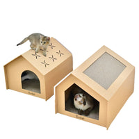 Corrugated Cardboard Cat House with Scratching Board - Durable Cat Scratcher Villa Hideaway