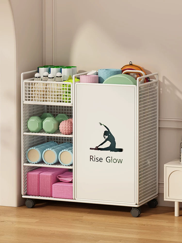 Yoga Mat Storage Rack with Basket for Home Gym Equipment, Foam Rollers, Dumbbells, and Balls