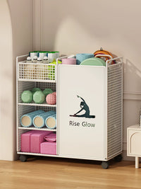 Yoga Mat Storage Rack with Basket for Home Gym Equipment, Foam Rollers, Dumbbells, and Balls
