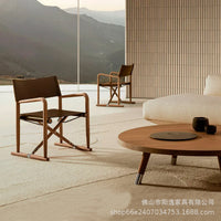 Outdoor Teak Folding Director's Chair with Saddle Leather for Patio Garden Villa