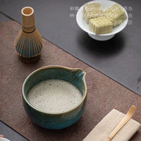 Japanese Ceramic Matcha Bowl Set with Spout and Whisk Stand, Handcrafted Kiln Glaze
