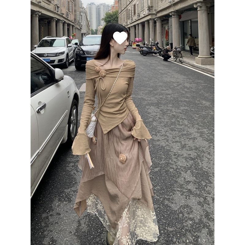 French Style Asymmetrical Top and Long Skirt Set for Women, Autumn 2025 Collection