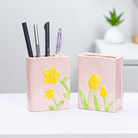 Tulip/Floral Ceramic Book Pen Holder & Makeup Brush Organizer for Desk Decor