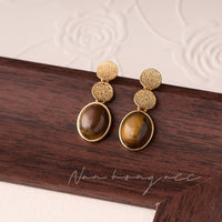 French Vintage Lapis Lazuli Oval Earring Studs DIY Jewelry Accessories with Rhinestone Inlay