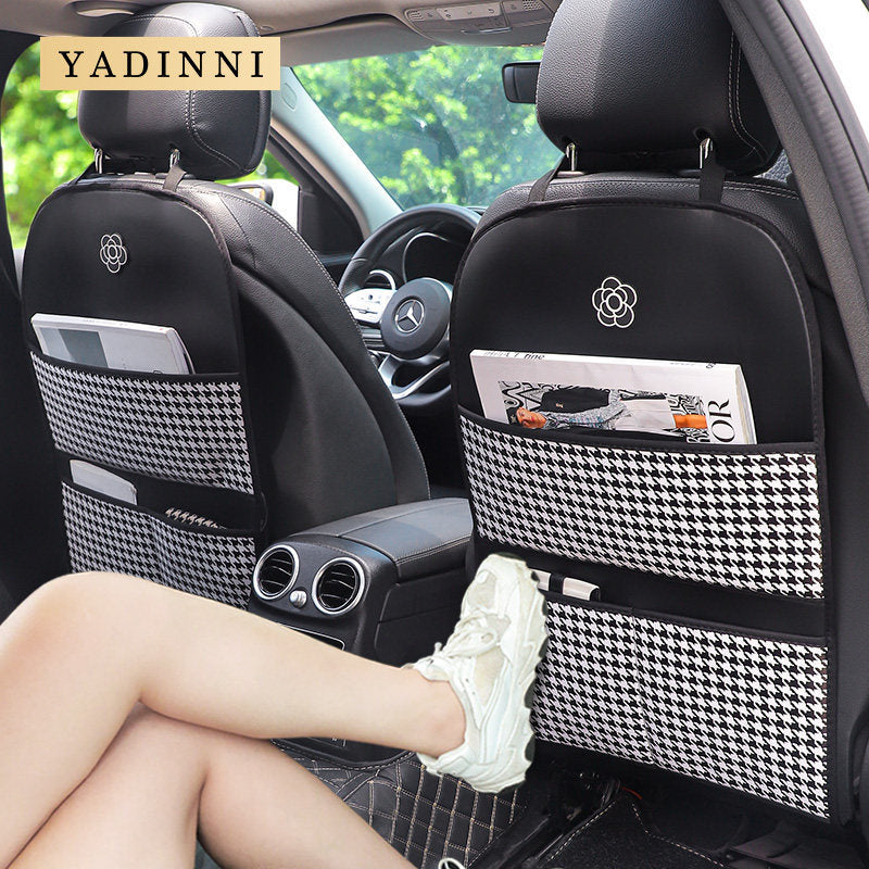 Car Seat Back Protector Kick Mat with Storage Pockets, Universal Anti-Kick Pad for Kids, Houndstooth Leather
