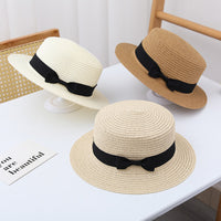 Korean Style Summer Sun Hat for Women, Bow Flat Top Wide Brim Sunscreen Beach Fedora, Versatile Fashion Travel Hat