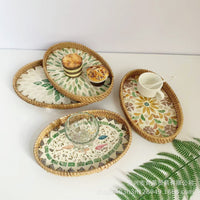 Handwoven Rattan and Mother-of-Pearl Decorative Tray for Storage and Serving