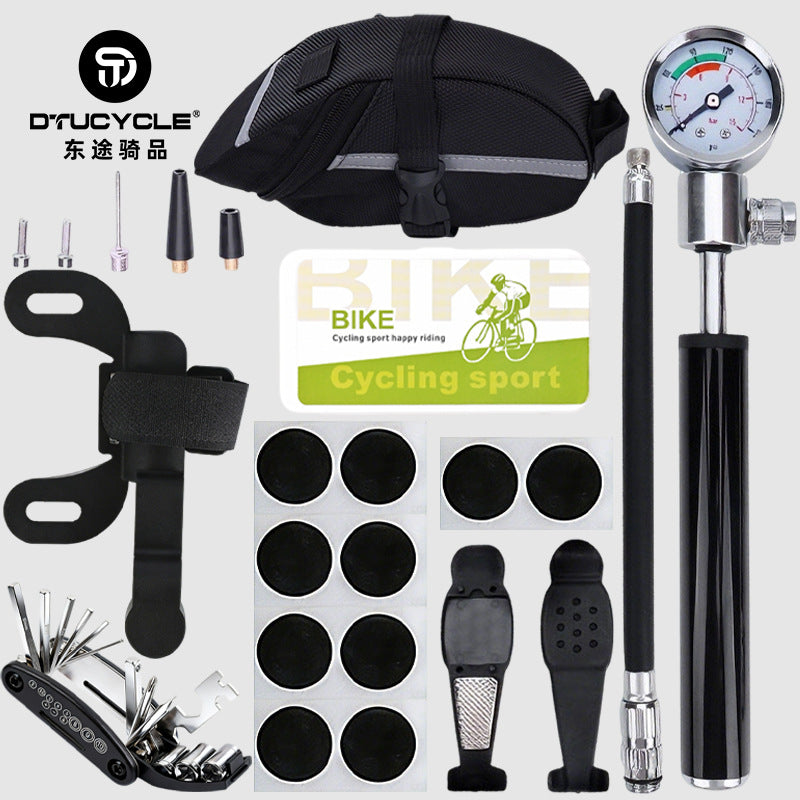 Bicycle Repair Kit with Tire Patch Tools, Pump, and Pressure Gauge for Mountain Bikes
