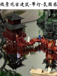 Chinese Style Pavilion Micro Landscape with LED Light, Mountain Rockery Bonsai Ornament