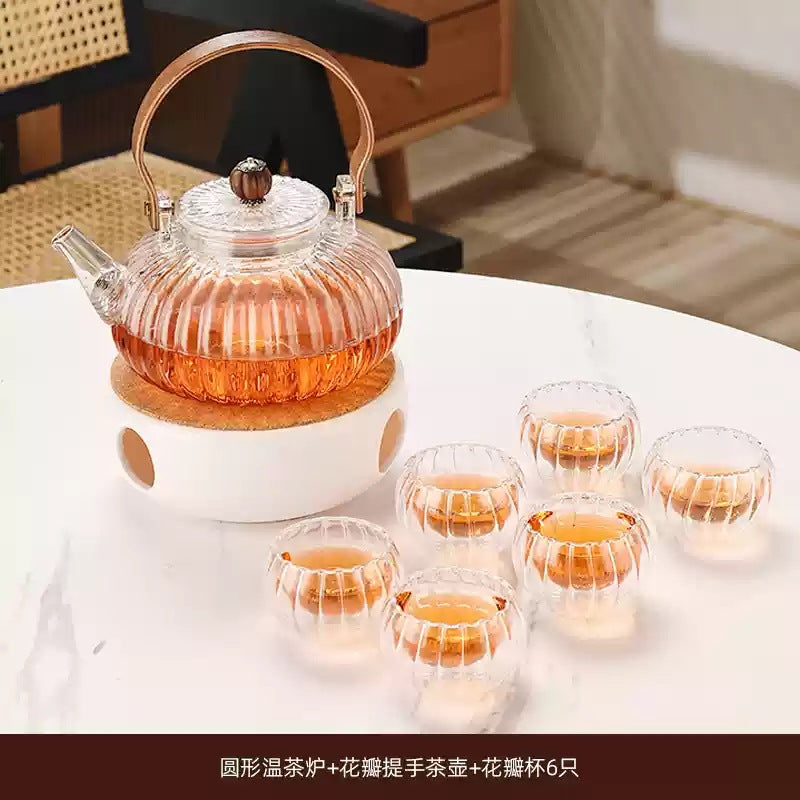 Heat-Resistant Petal Glass Teapot Set with Warmer and Cups for Loose Leaf Tea