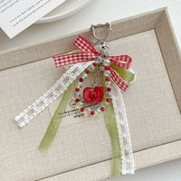 Japanese Style Cherry Bowknot Beaded Keychain Plaid Ribbon Bag Charm for Girls