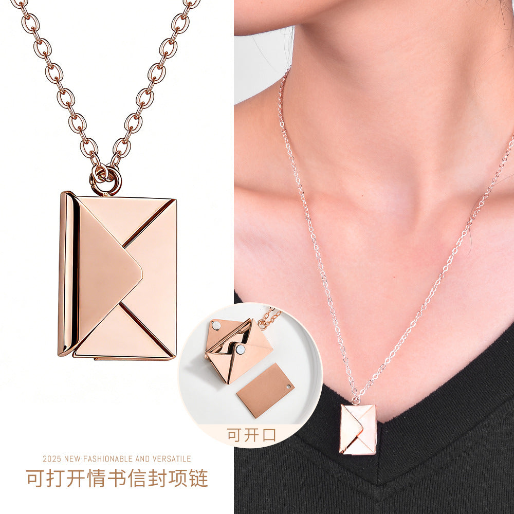 Titanium Steel Envelope Locket Necklace with Engravable Message Card