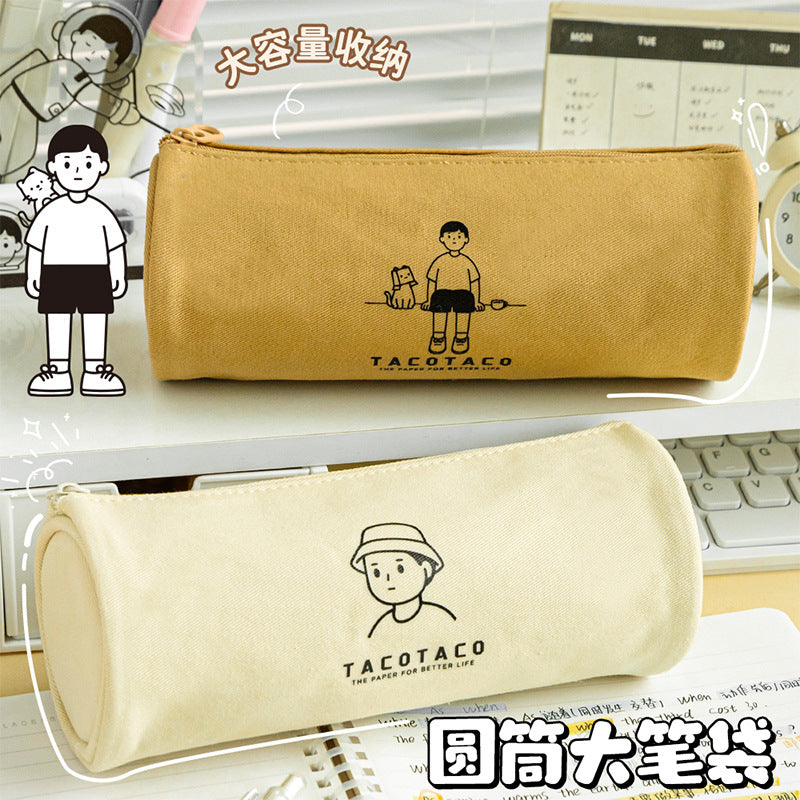 Tacotaco Canvas Cylindrical Pencil Case, Large Capacity Zipper Pouch for Students