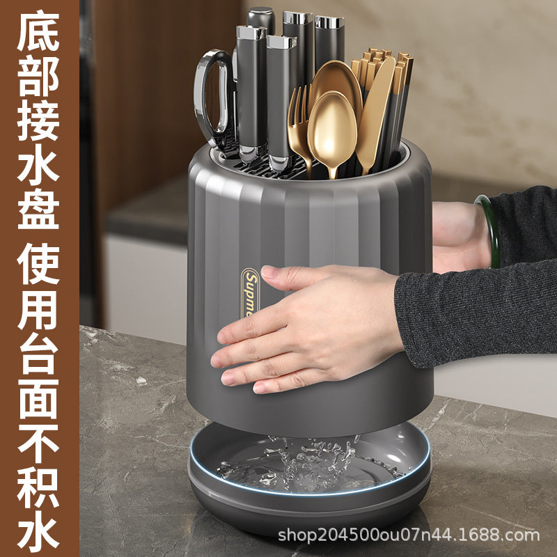 Multifunctional Kitchen Storage Rack with Rotating Knife Holder and Utensil Organizer