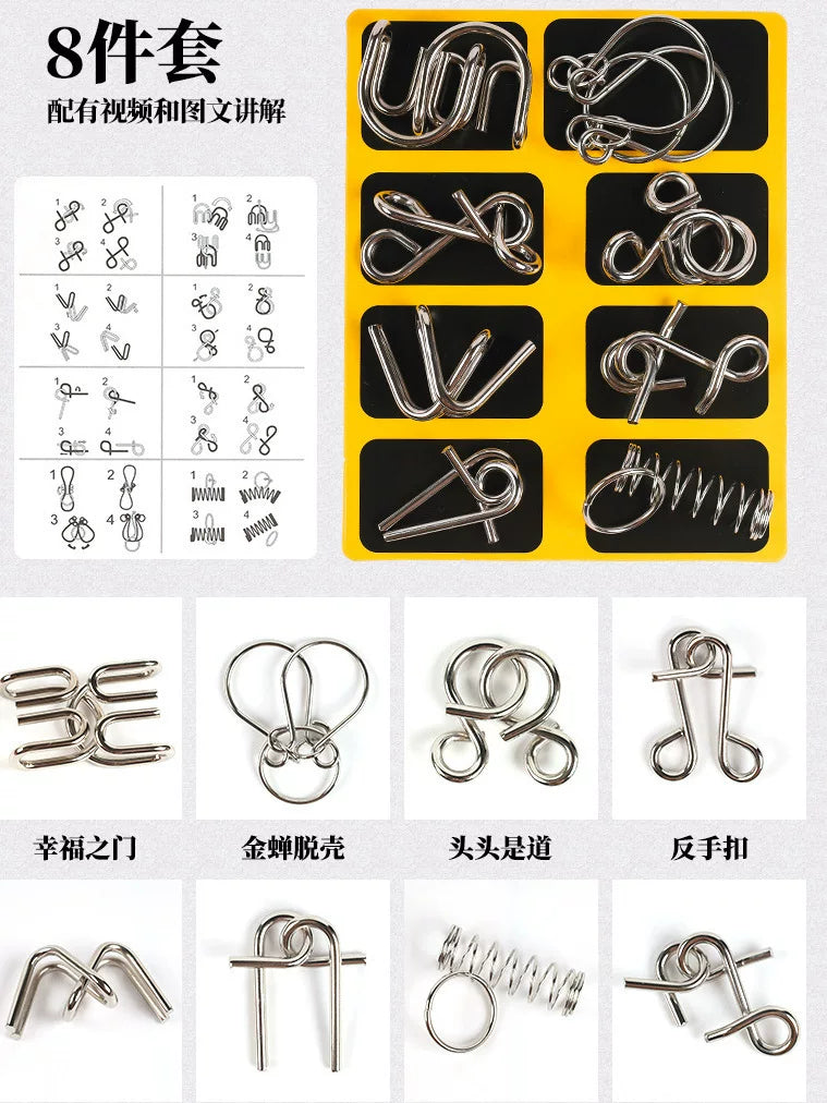 Metal Brain Teaser Puzzles Set of 8 - IQ Test Game for Adults & Party Favors