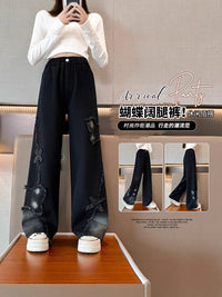 Girls' Wide-Leg Jeans with Butterfly Patch, Casual Denim Trousers for Students