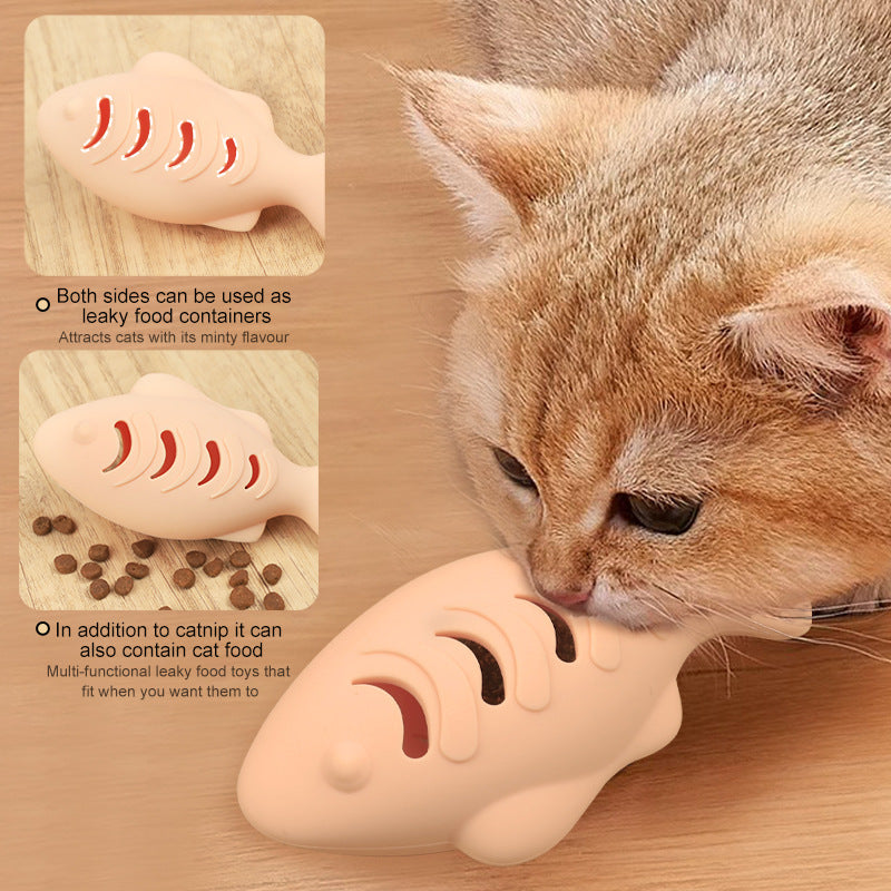 Catnip Fish Chew Toy for Cats, Silicone Self-Play Teaser with Mint Ball