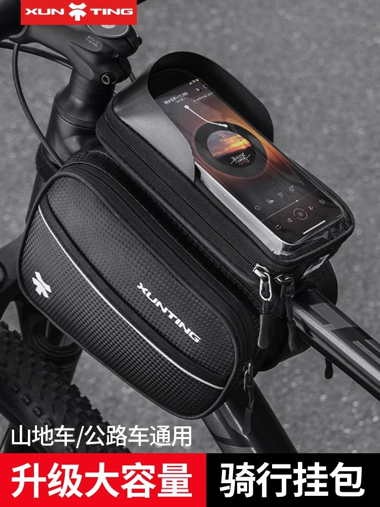 Bicycle Top Tube Bag, Waterproof Mountain Bike Front Frame Bag with Touchscreen Phone Holder, Large Capacity Cycling Pouch