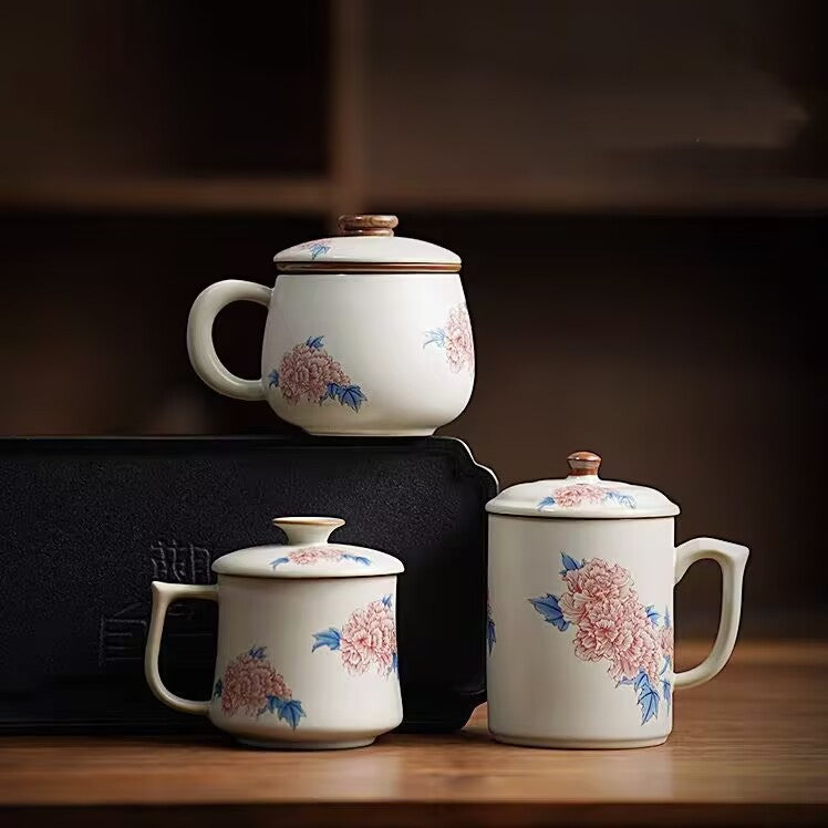 High-Grade Ru Kiln Hibiscus Ceramic Tea Mug with Lid and Infuser for Office