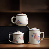 High-Grade Ru Kiln Hibiscus Ceramic Tea Mug with Lid and Infuser for Office