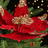 Glitter Flocked Christmas Flower Ornaments for Christmas Tree Decoration, European Classic Style