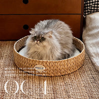 Nordic Style Handwoven Straw Cat Scratcher Bed & Pet Nest with Cooling Mat