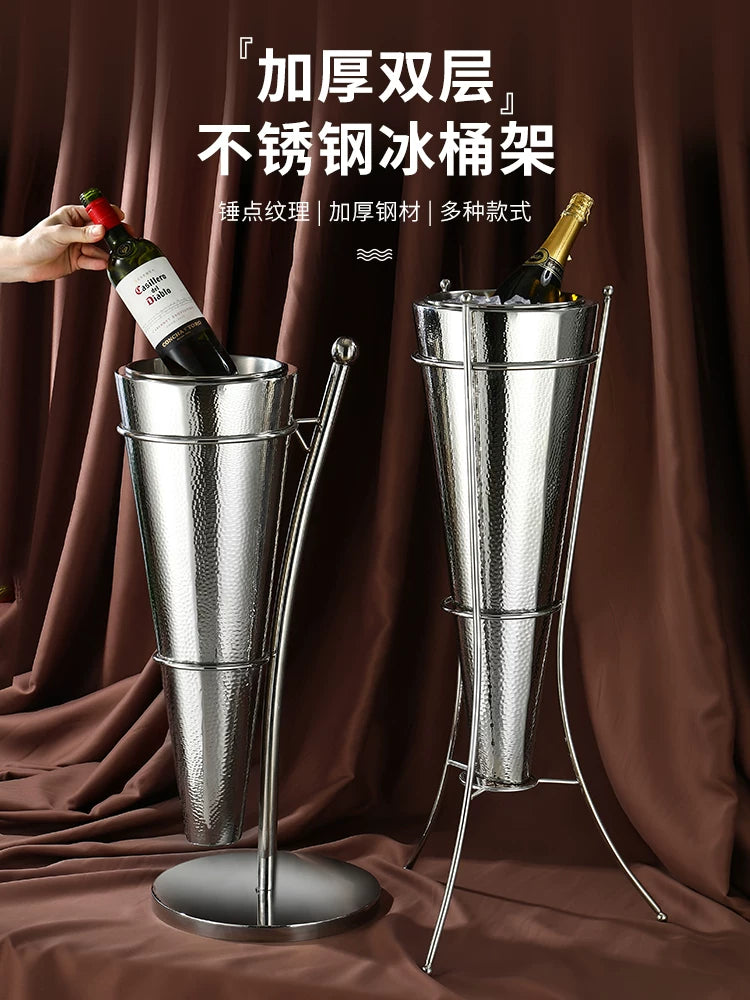 Thickened Stainless Steel Double-Layer Champagne Ice Bucket with Display Stand for Bar