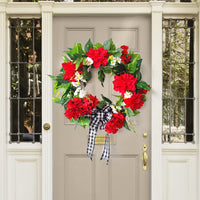 Artificial Red Geranium Wreath for Front Door Wall Decor, Spring Summer Floral Garland