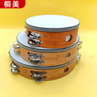 Orff Percussion Tambourine Set for Kids, Walnut Finish Hand Drum with Double Row Jingles