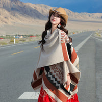 Women's Ethnic Style Oversized Shawl Blanket Poncho for Travel and Office