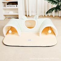 Foldable Pet Play Tunnel with Bed, 3-Way Cat Tube Toy, Collapsible Kitten Playpen, Puppy Hideaway
